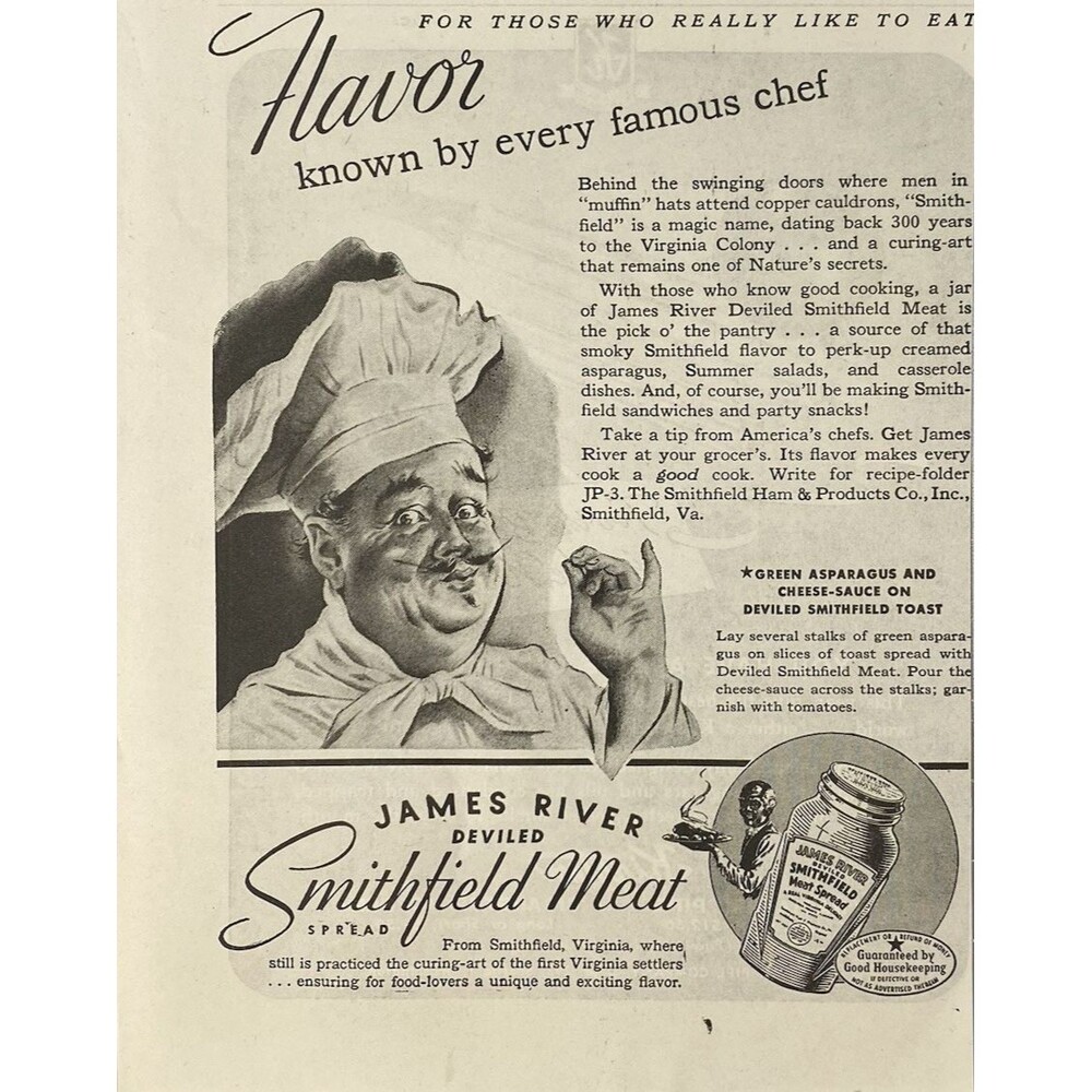 James River Devilled Smithfield Meat Flavor Known by Famous Chefs" Print Ad 1947